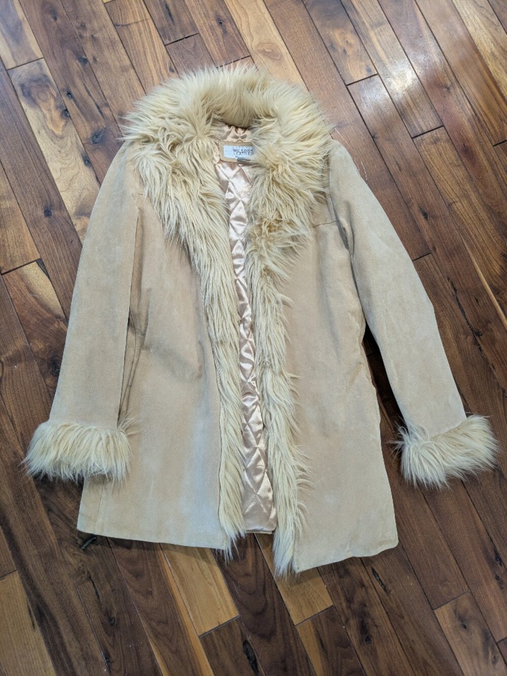 Vintage Y2k Wilson Leather Penny Lane Style Faux Fur Trim Coat in Light Beige